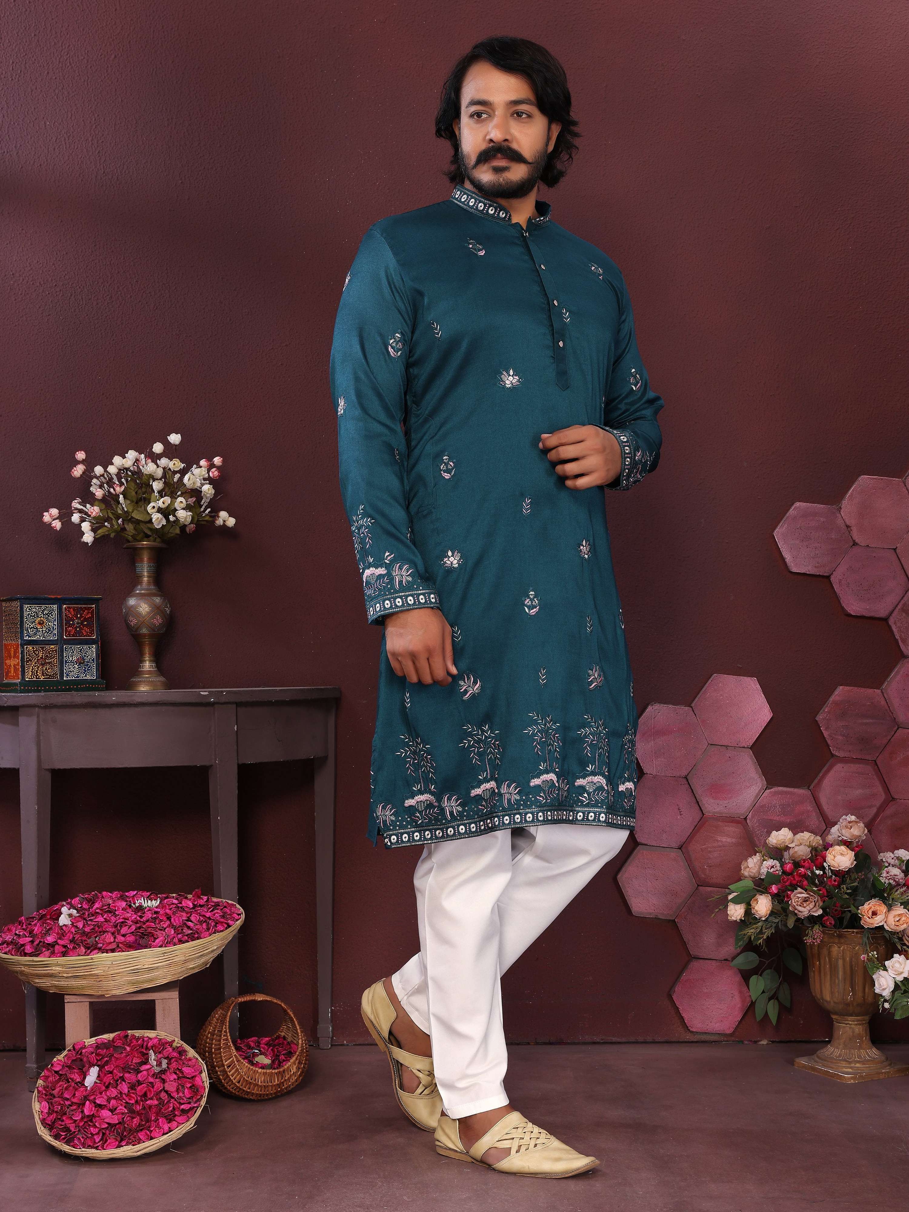Jyoti Fashion Men's Teal Sequins Embroidered Kurta with Pajama