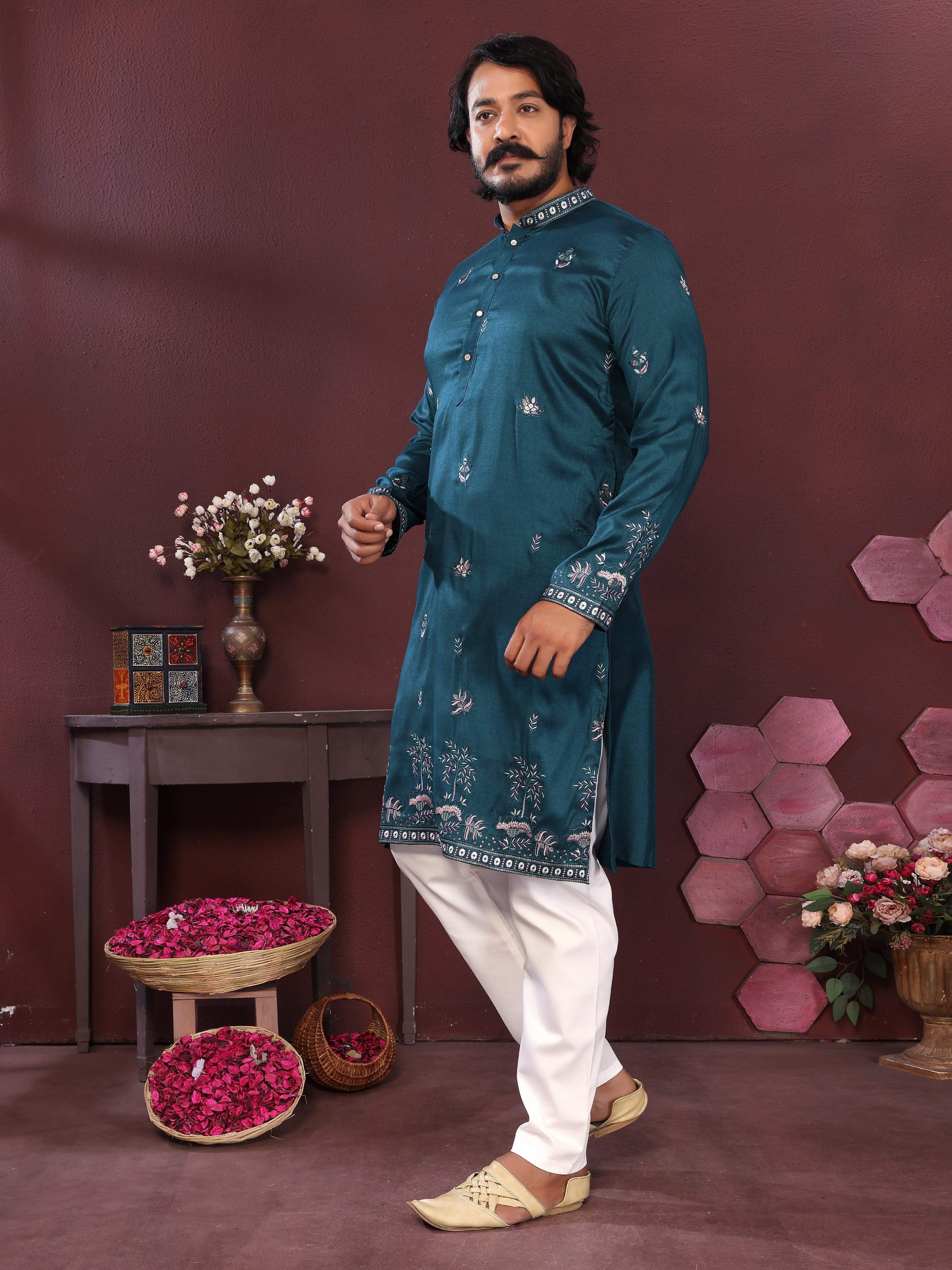 Jyoti Fashion Men's Teal Sequins Embroidered Kurta with Pajama
