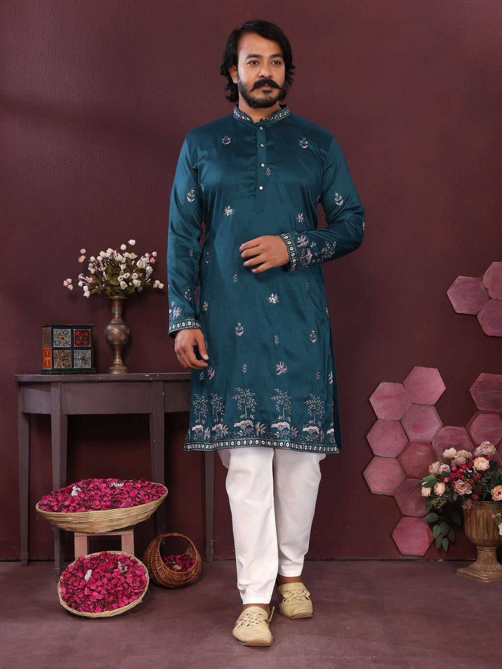 Jyoti Fashion Men's Teal Sequins Embroidered Kurta with Pajama