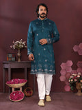 Jyoti Fashion Men's Teal Sequins Embroidered Kurta with Pajama