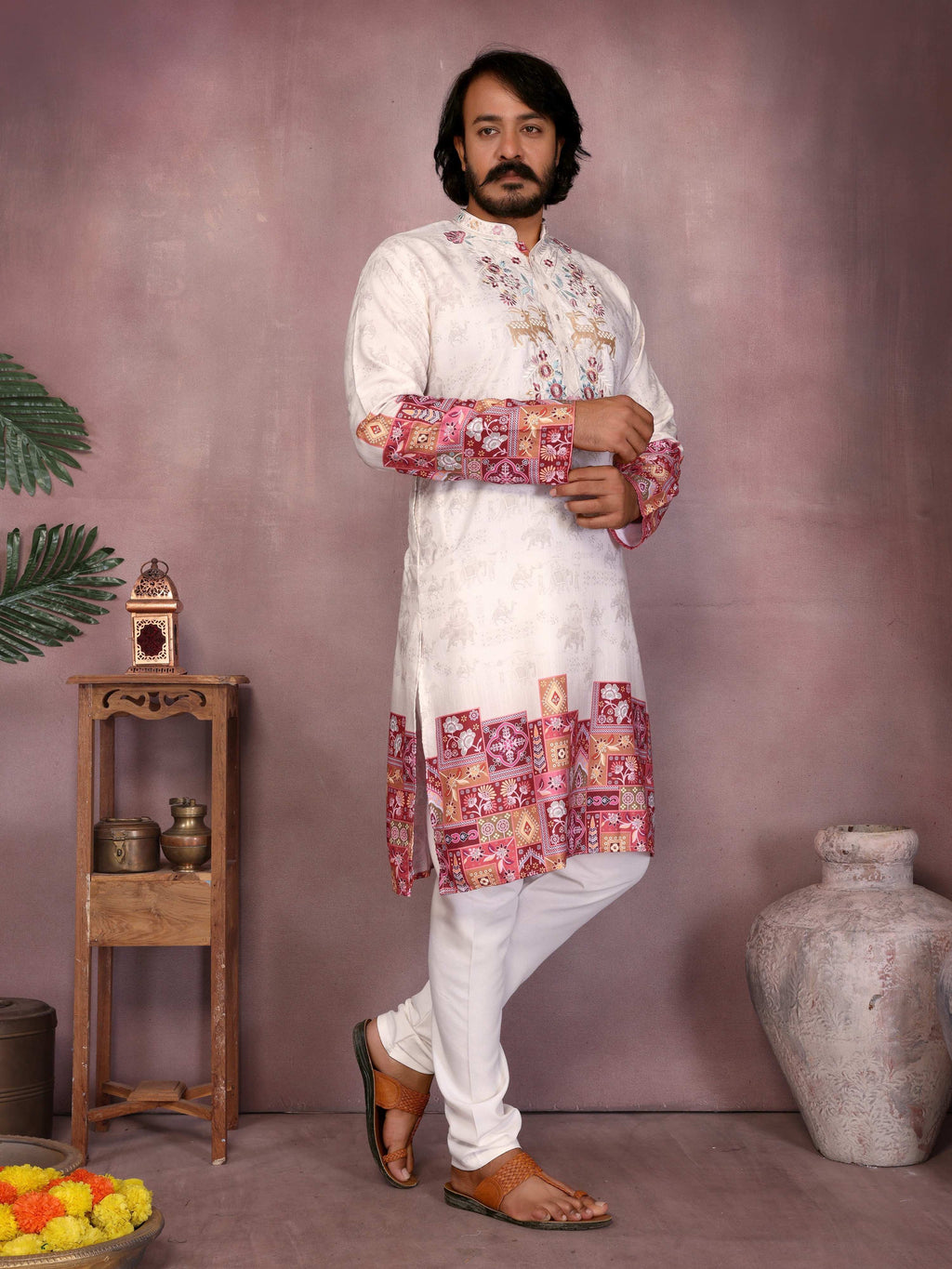 Jyoti Fashion Men's White Sequins Embroidered Kurta with Pajama