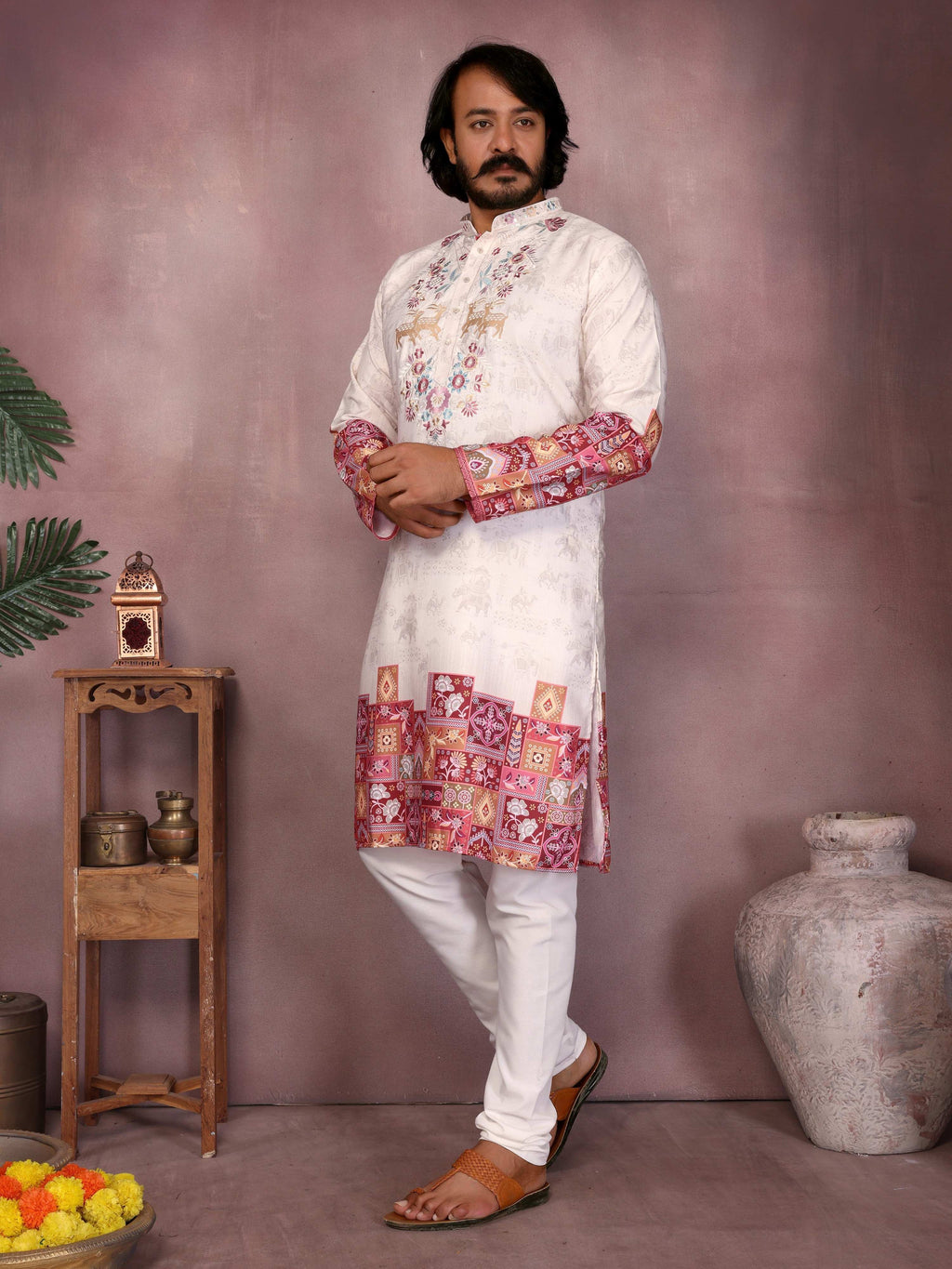 Jyoti Fashion Men's White Sequins Embroidered Kurta with Pajama