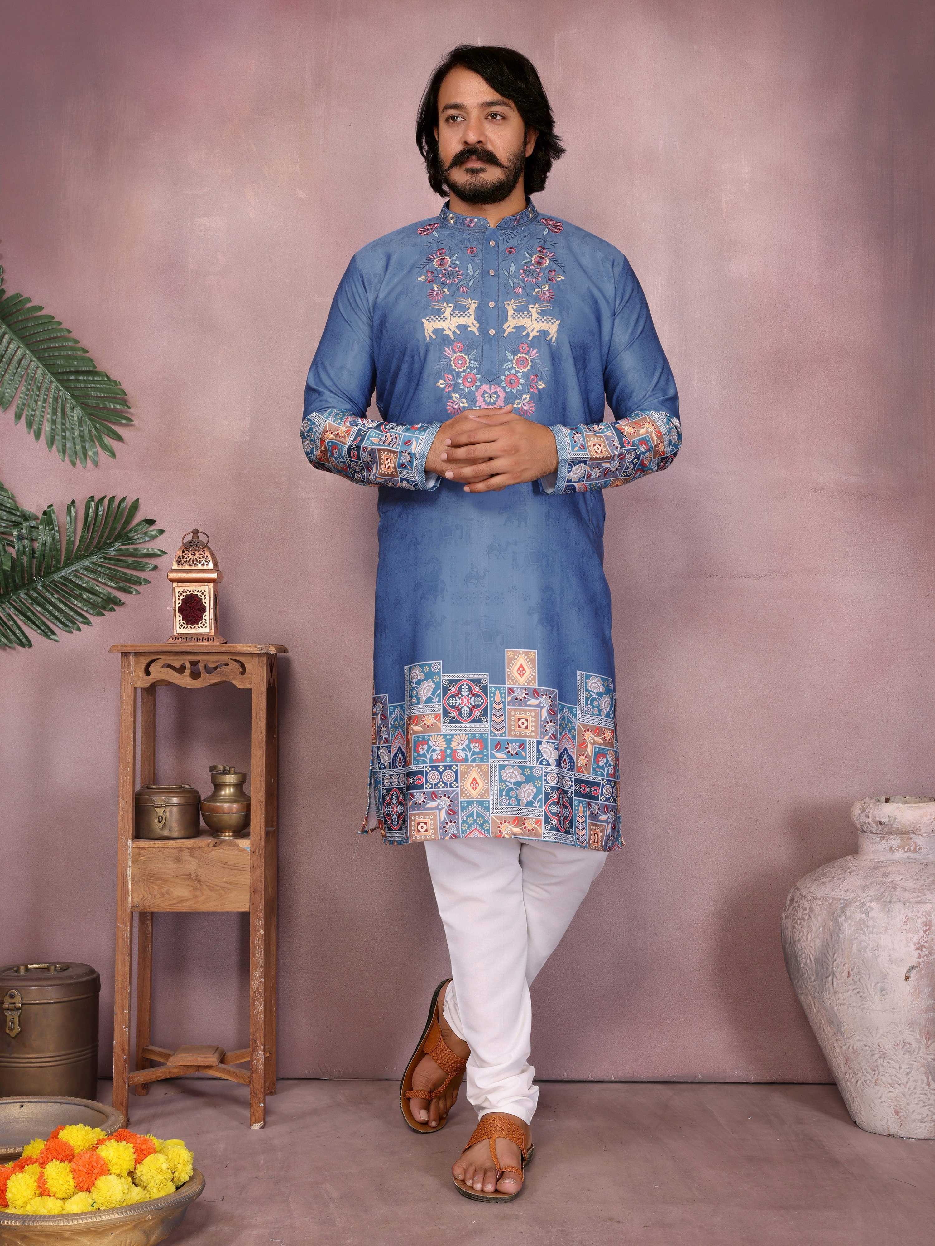 Jyoti Fashion Men's Blue Sequins Embroidered Kurta with Pajama