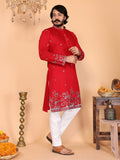 Jyoti Fashion Men's Red Sequins Embroidered Kurta with Pajama