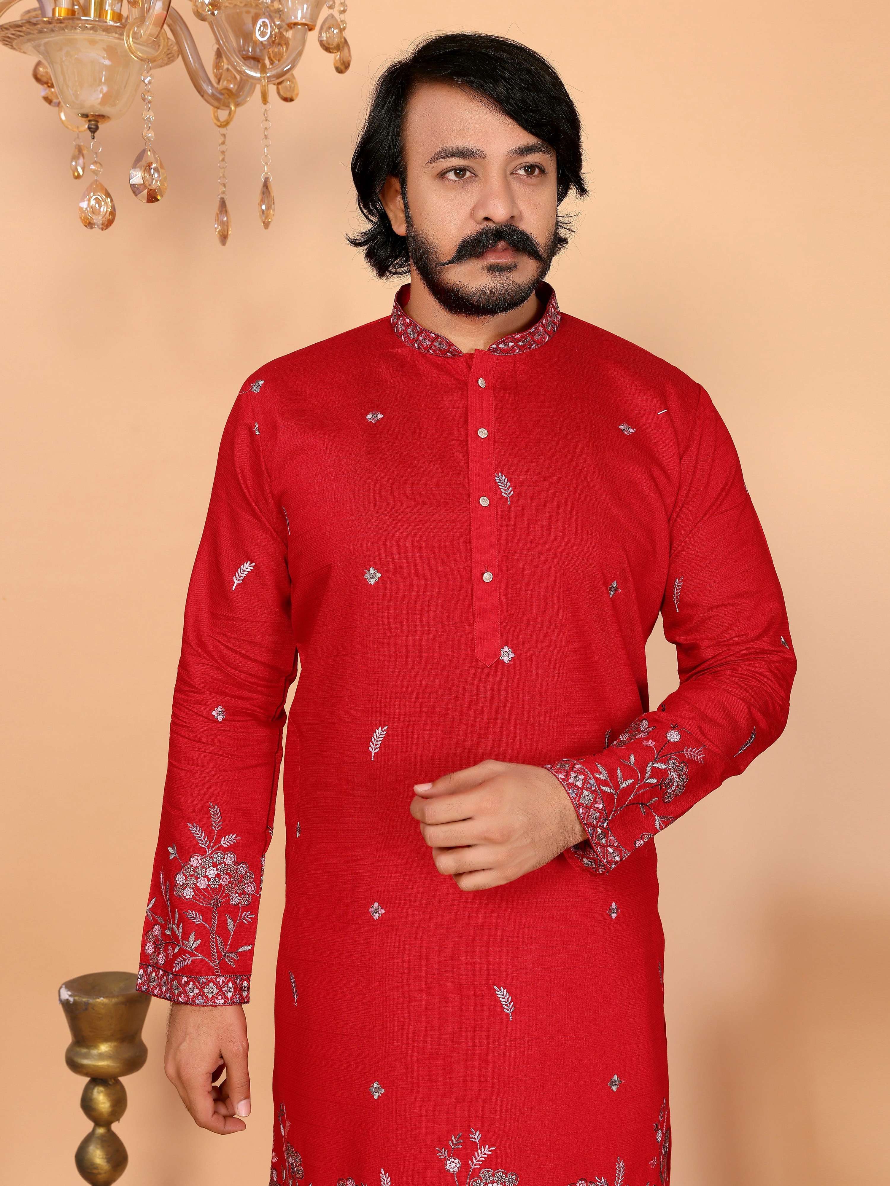 Jyoti Fashion Men's Red Sequins Embroidered Kurta with Pajama