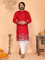 Jyoti Fashion Men's Red Sequins Embroidered Kurta with Pajama