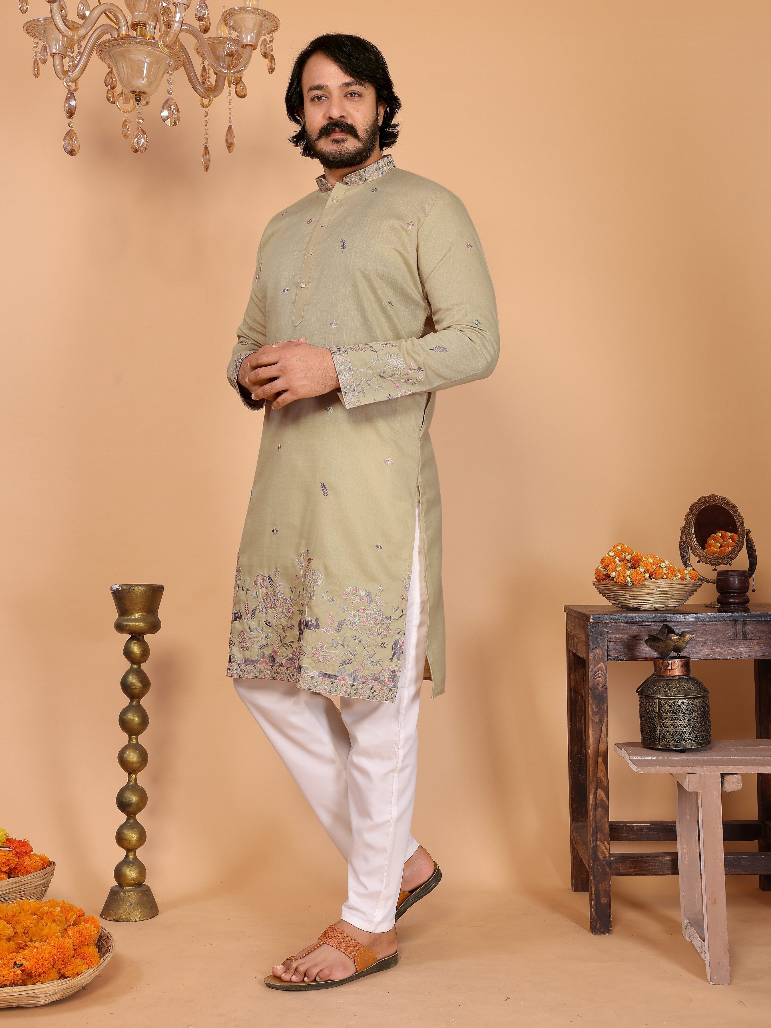 Jyoti Fashion Men's Sea Green Sequins Embroidered Kurta with Pajama