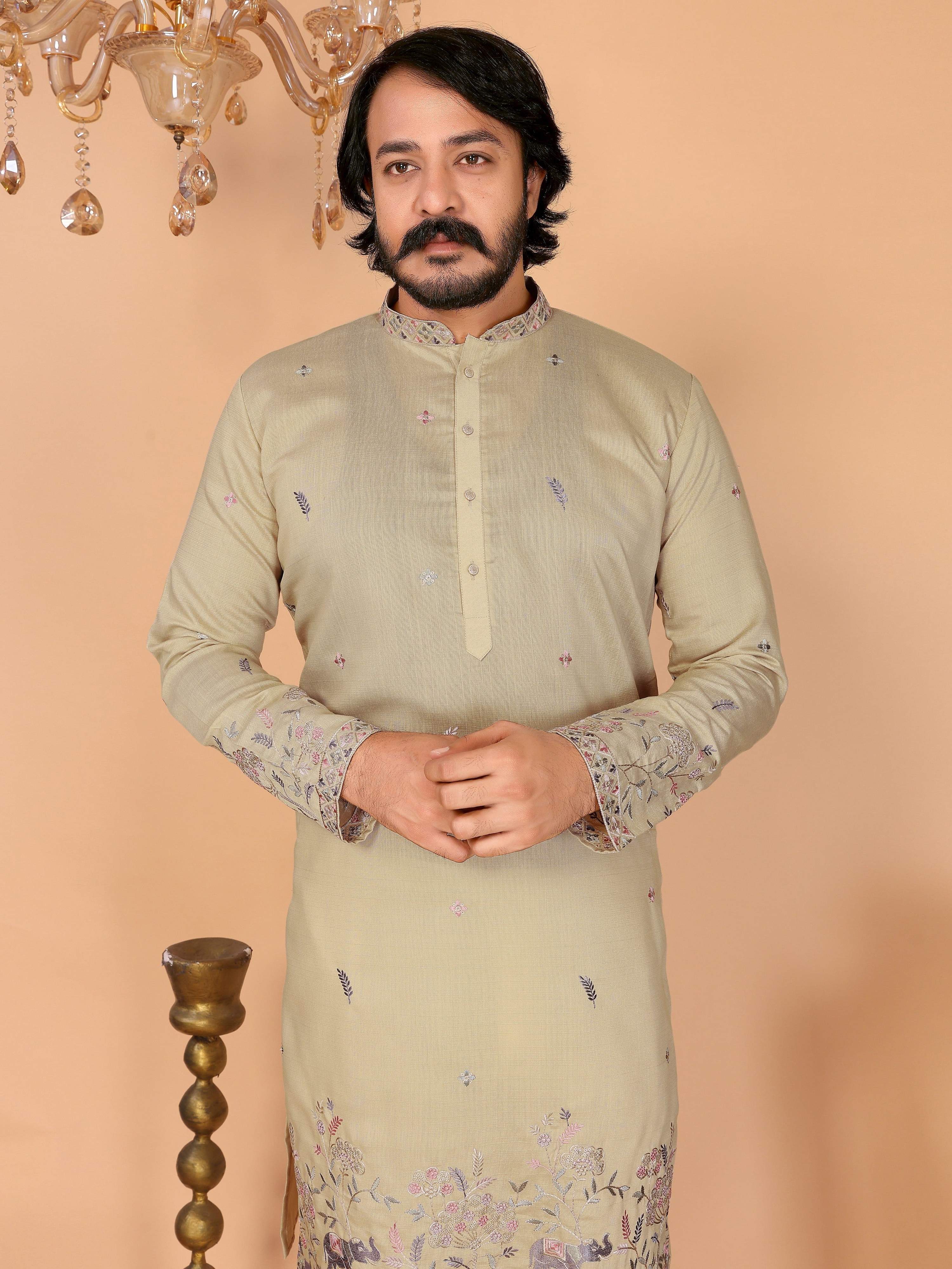 Jyoti Fashion Men's Sea Green Sequins Embroidered Kurta with Pajama