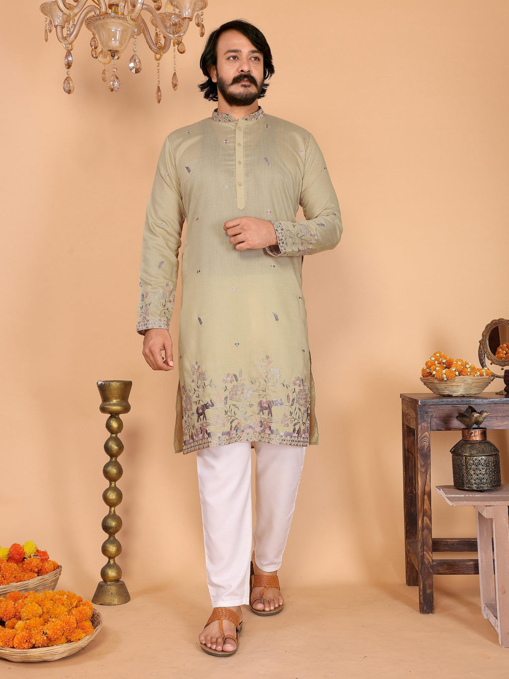 Jyoti Fashion Men's Sea Green Sequins Embroidered Kurta with Pajama