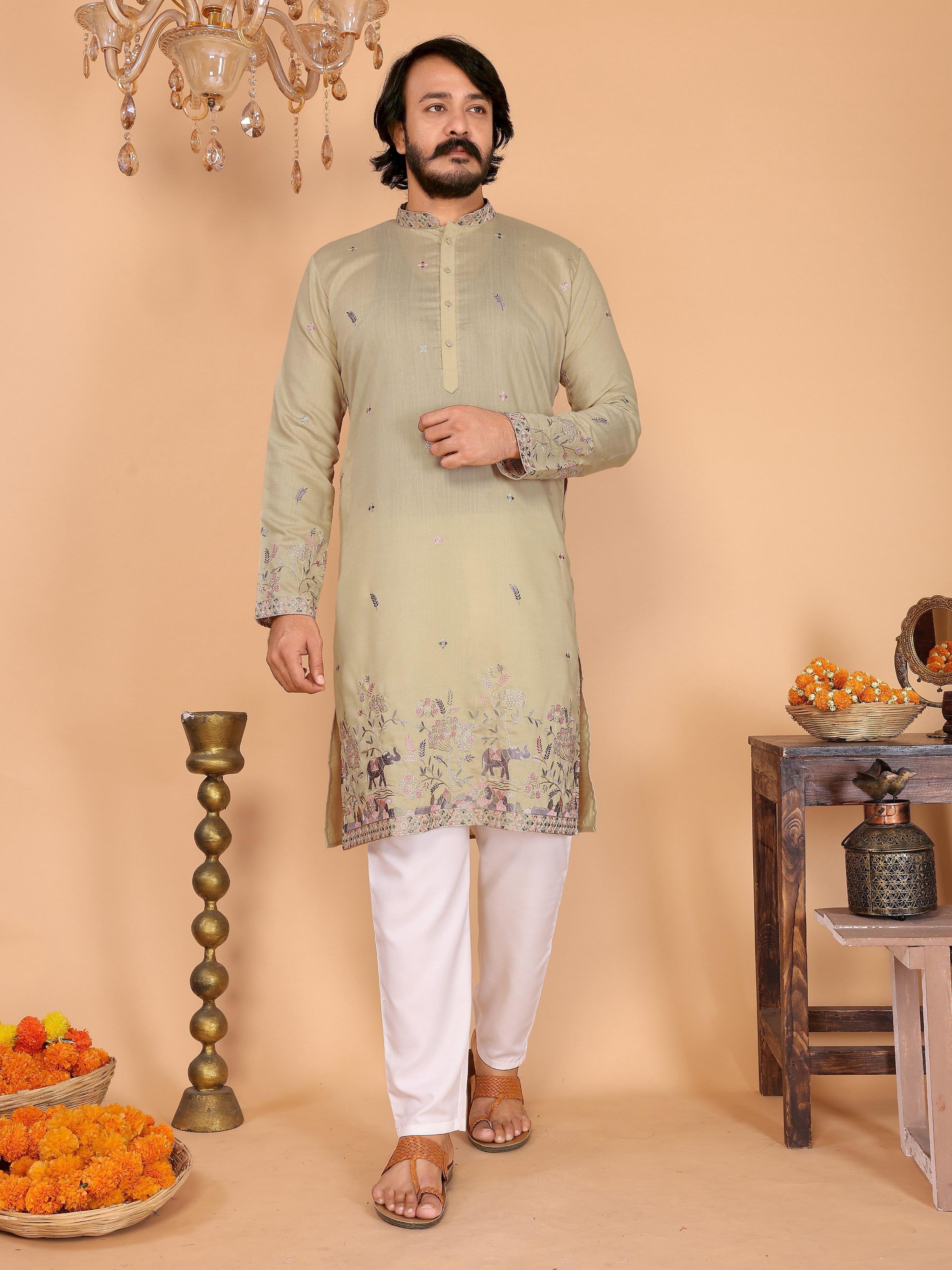 Jyoti Fashion Men's Sea Green Sequins Embroidered Kurta with Pajama