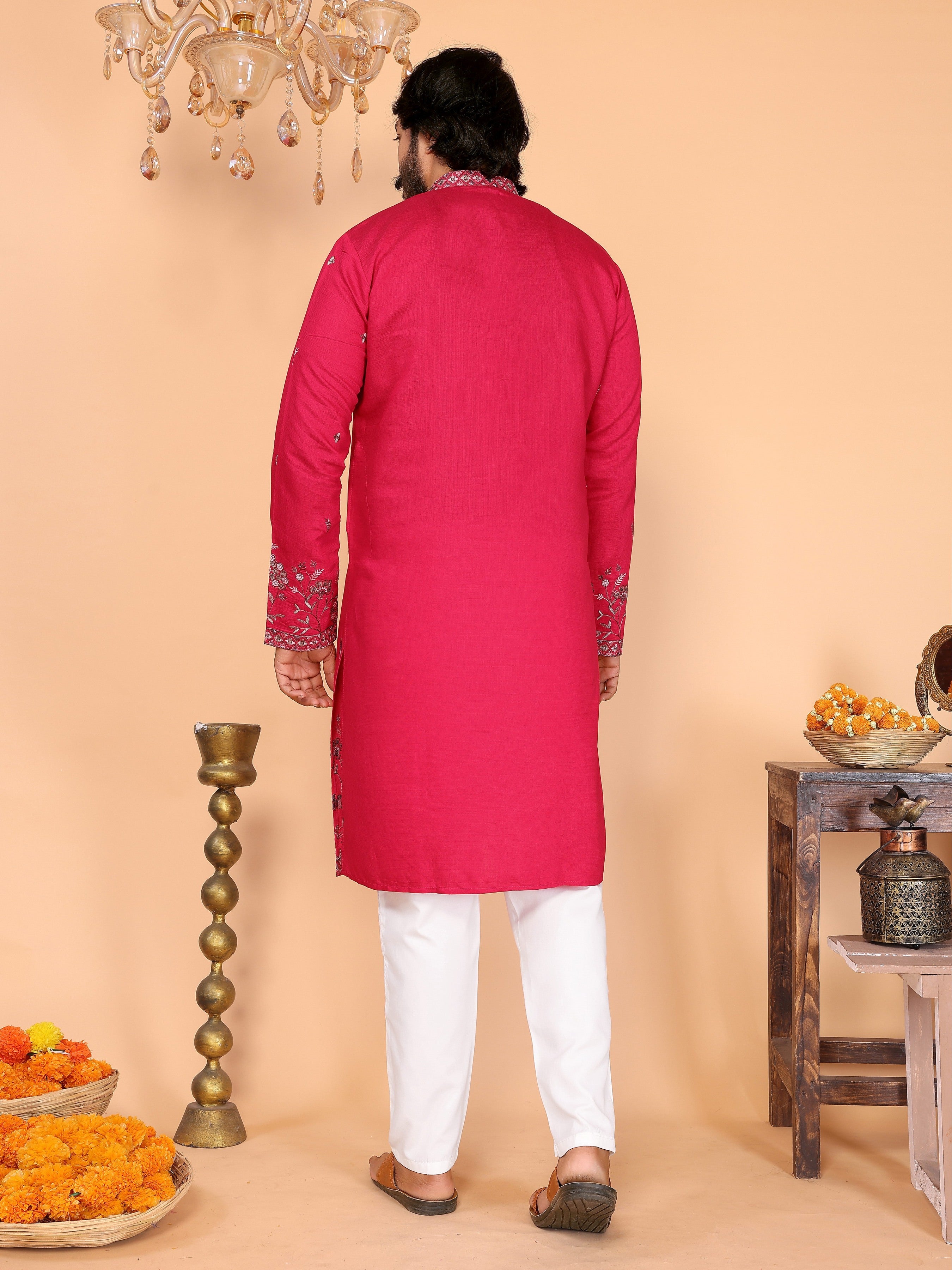 Jyoti Fashion Men's Pink Sequins Embroidered Kurta with Pajama