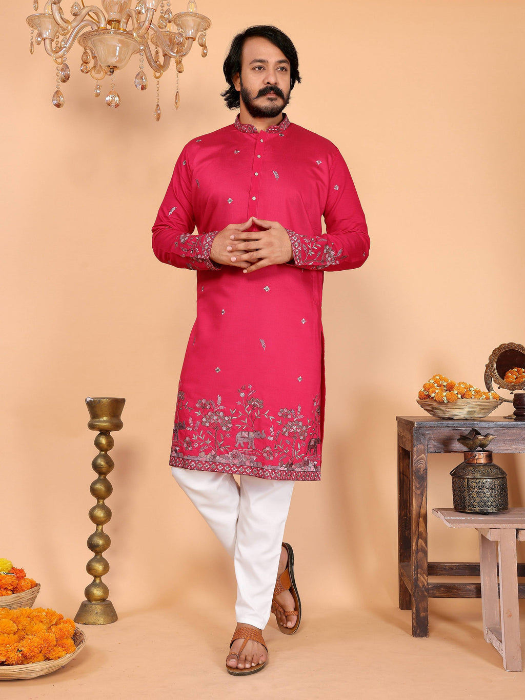 Jyoti Fashion Men's Pink Sequins Embroidered Kurta with Pajama