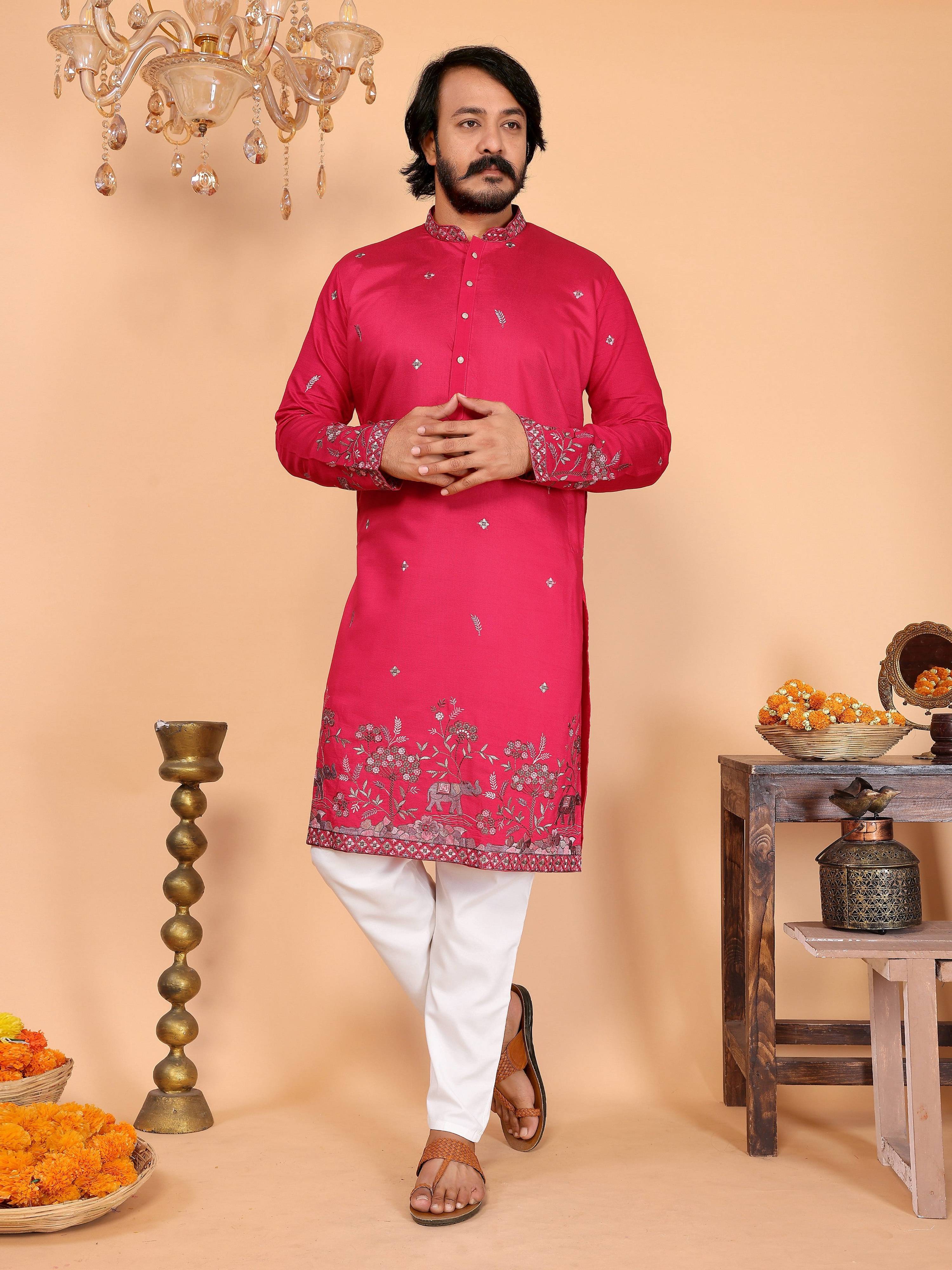 Jyoti Fashion Men's Pink Sequins Embroidered Kurta with Pajama