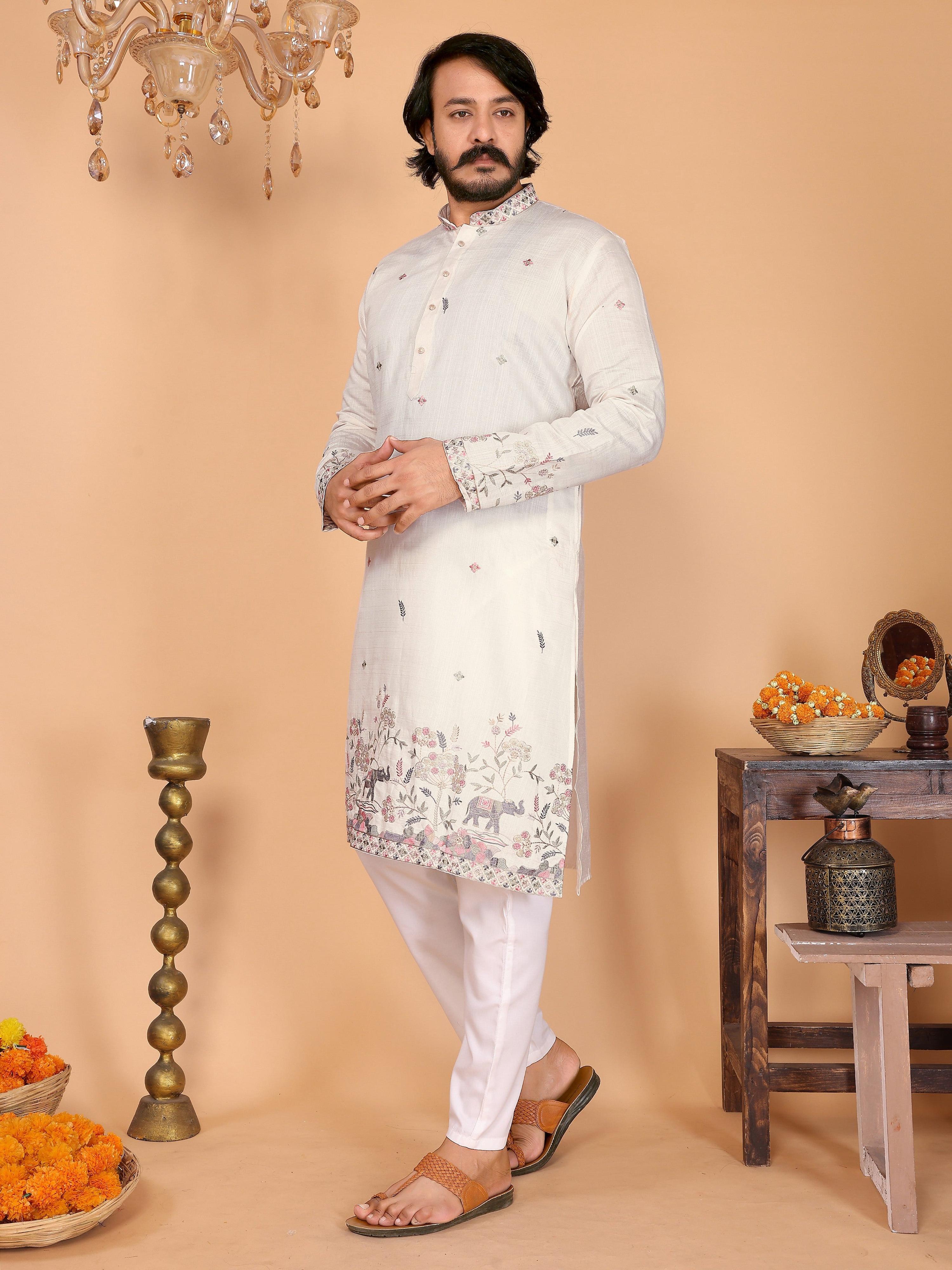 Jyoti Fashion Men's White Sequins Embroidered Kurta with Pajama