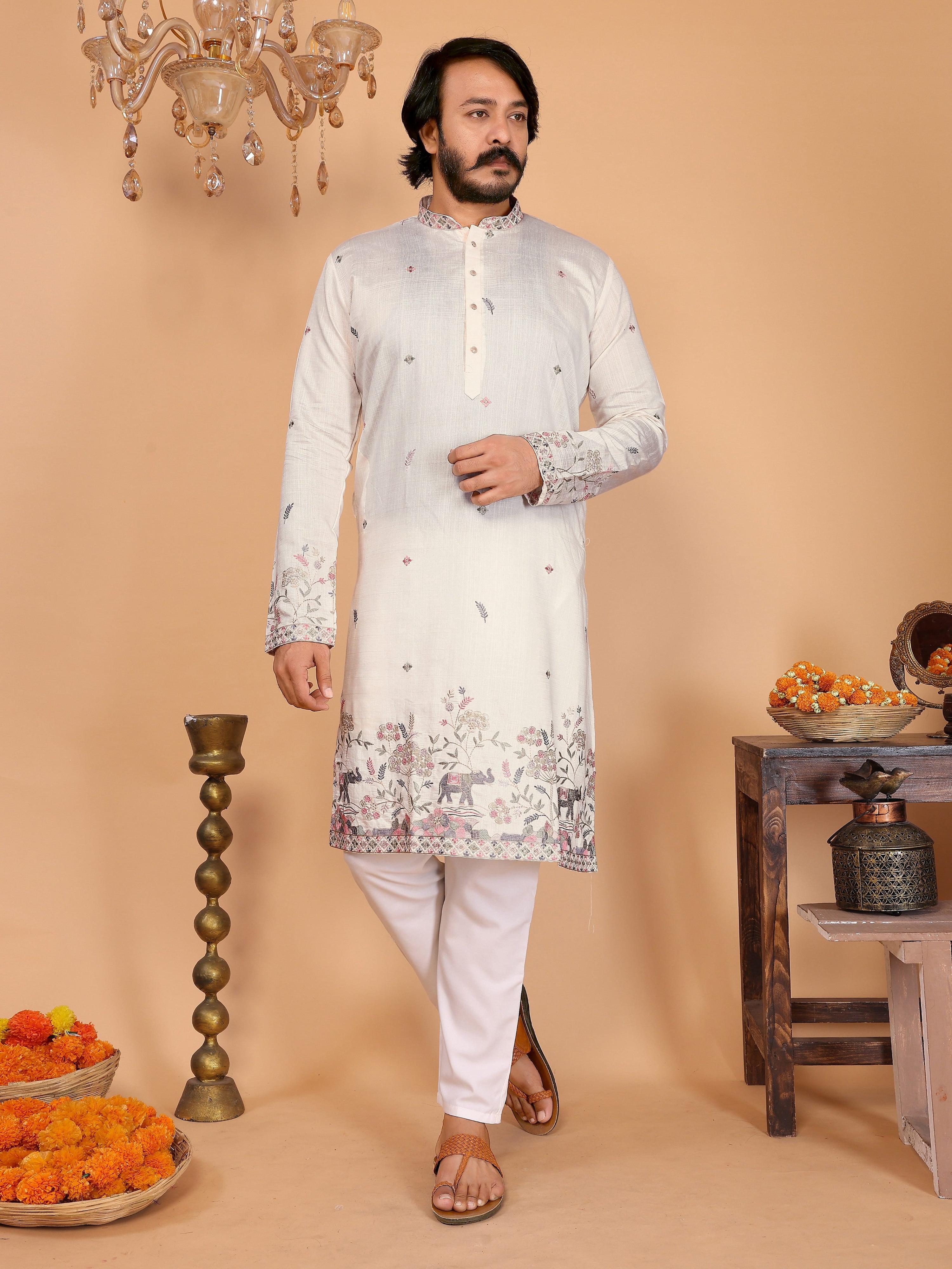 Jyoti Fashion Men's White Sequins Embroidered Kurta with Pajama