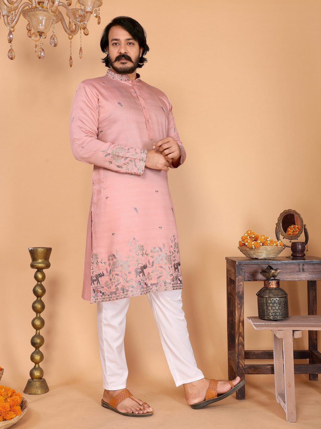Jyoti Fashion Men's Peach Sequins Embroidered Kurta with Pajama