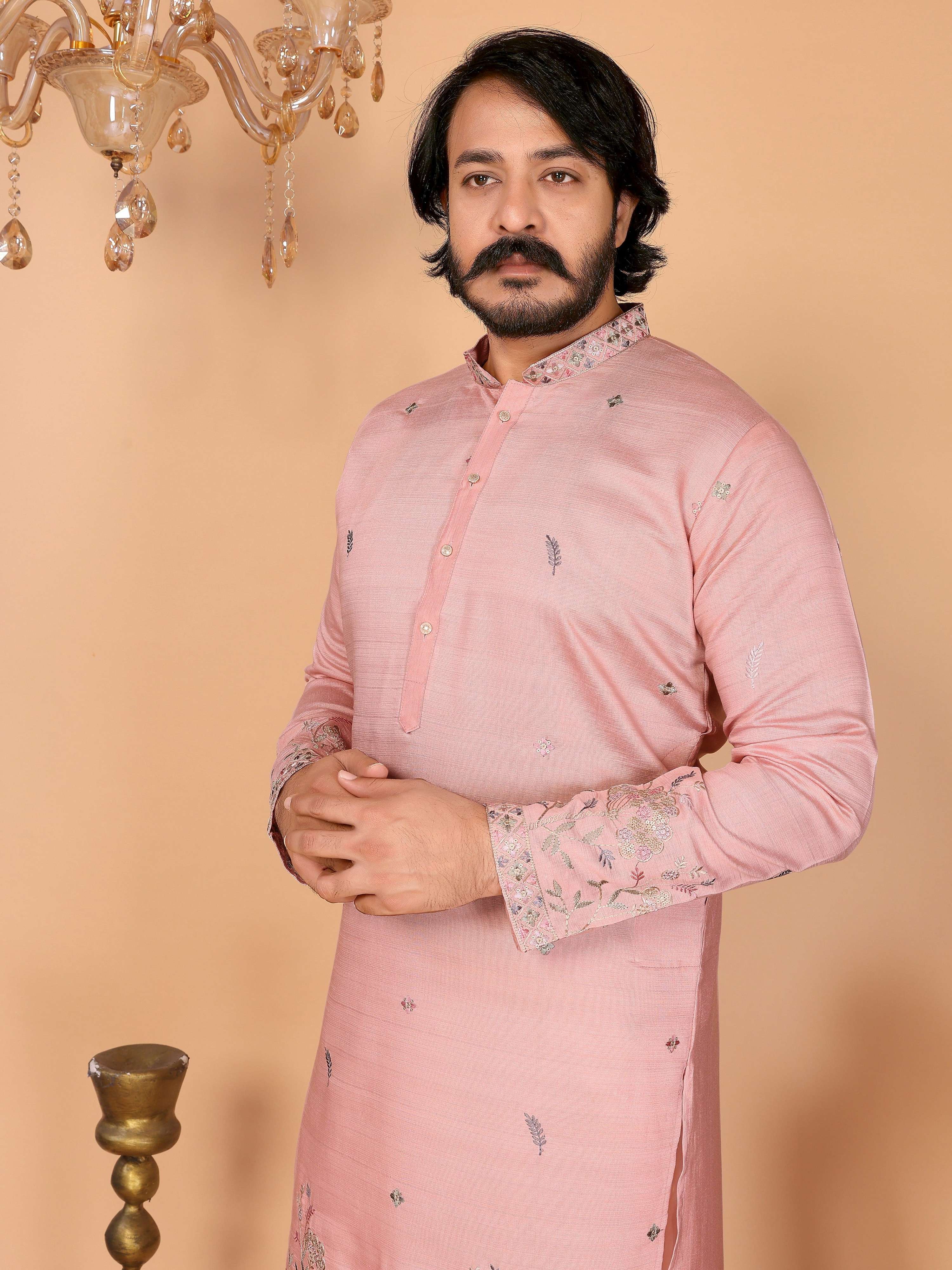 Jyoti Fashion Men's Peach Sequins Embroidered Kurta with Pajama