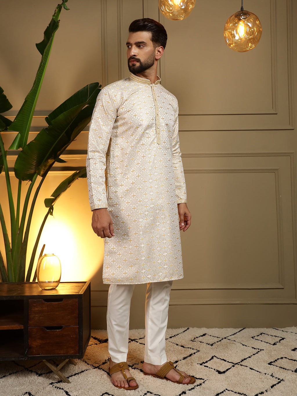 Jyoti Fashion Men's Mustard Jacquard Woven Kurta with Pajama