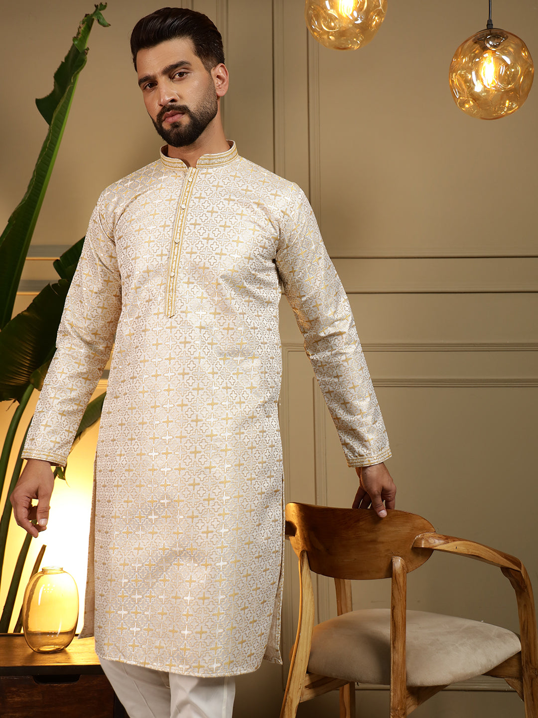 Jyoti Fashion Men's Mustard Jacquard Woven Kurta with Pajama