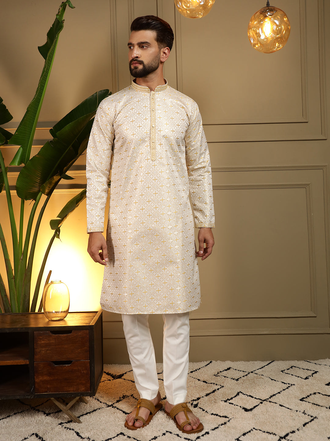 Jyoti Fashion Men's Mustard Jacquard Woven Kurta with Pajama