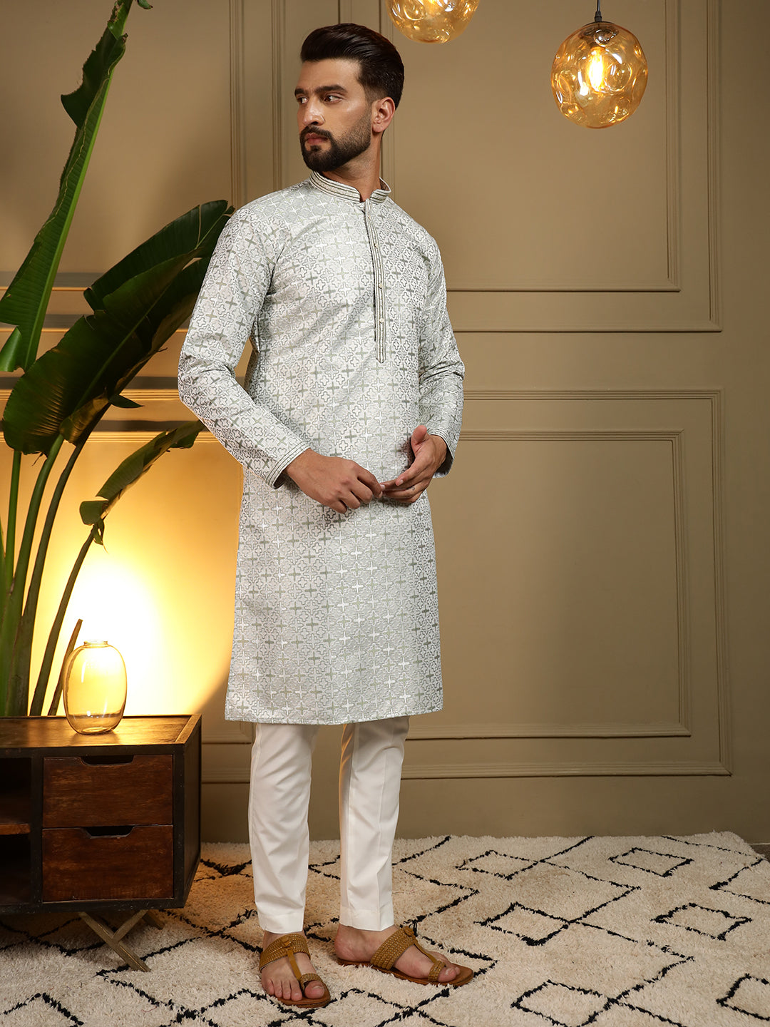 Jyoti Fashion Men's Mehendi Jacquard Woven Kurta with Pajama