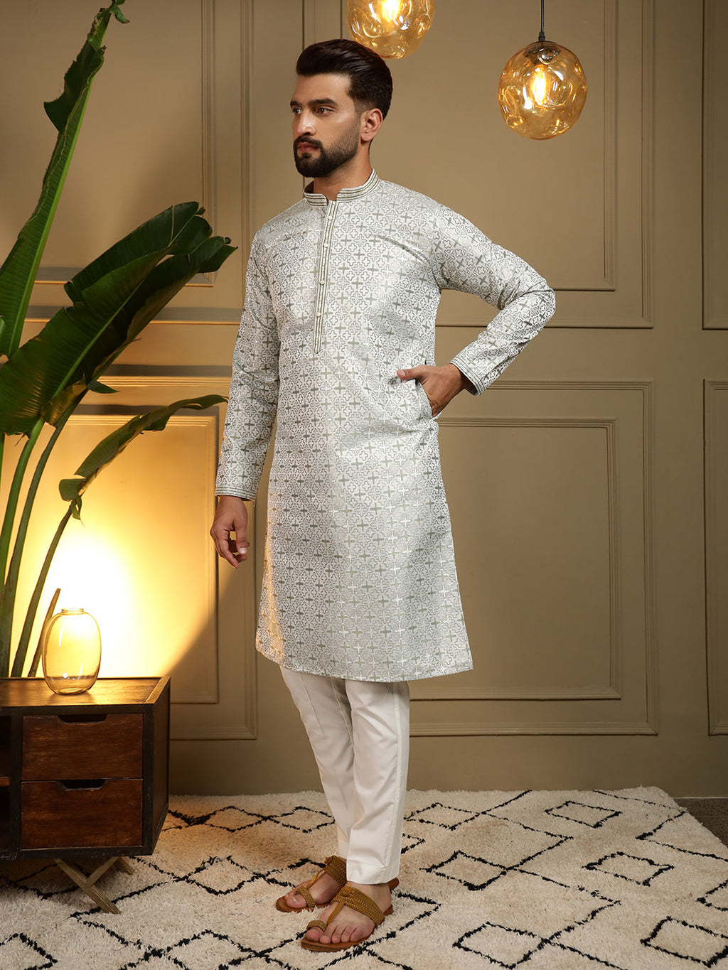 Jyoti Fashion Men's Mehendi Jacquard Woven Kurta with Pajama