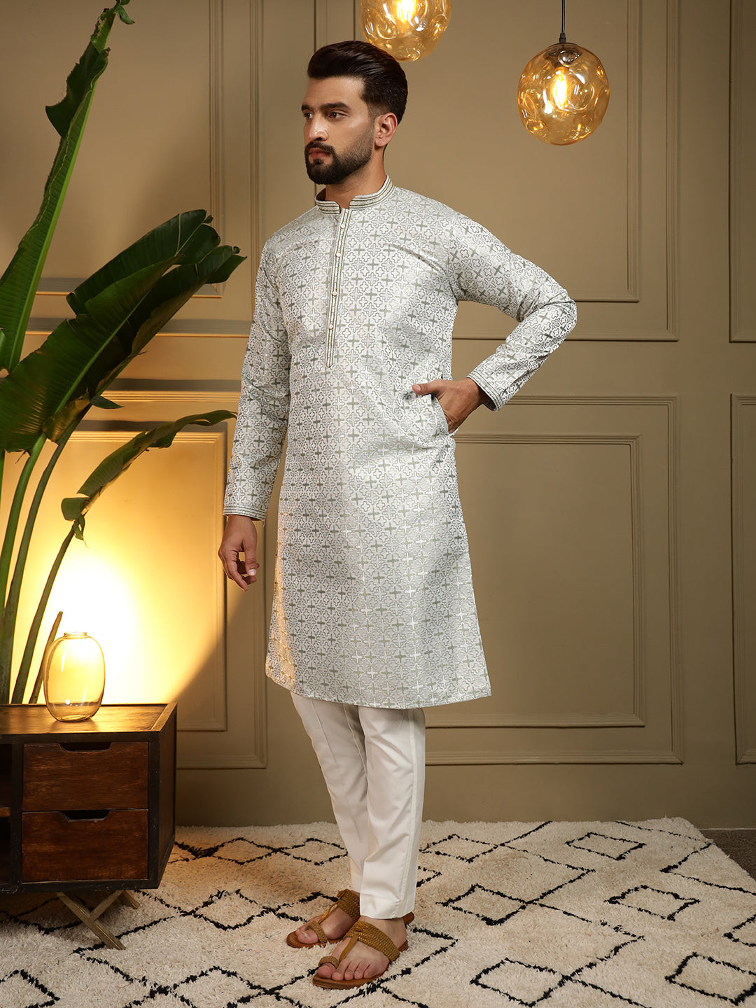 Jyoti Fashion Men's Mehendi Jacquard Woven Kurta with Pajama