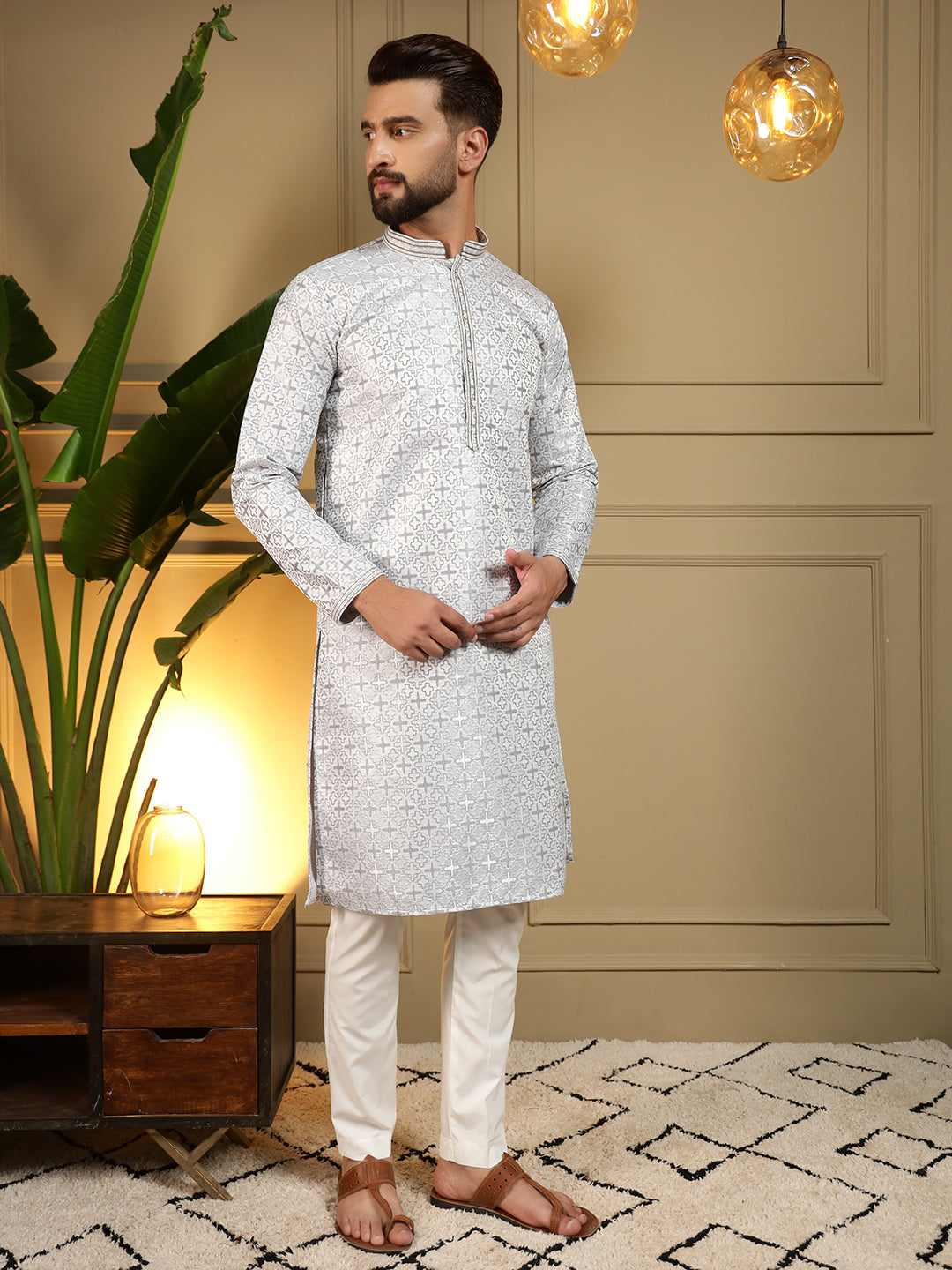 Jyoti Fashion Men's Blue Jacquard Woven Kurta with Pajama