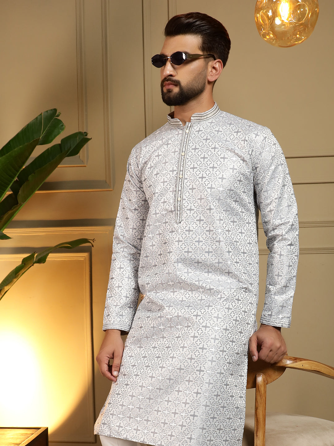 Jyoti Fashion Men's Blue Jacquard Woven Kurta with Pajama