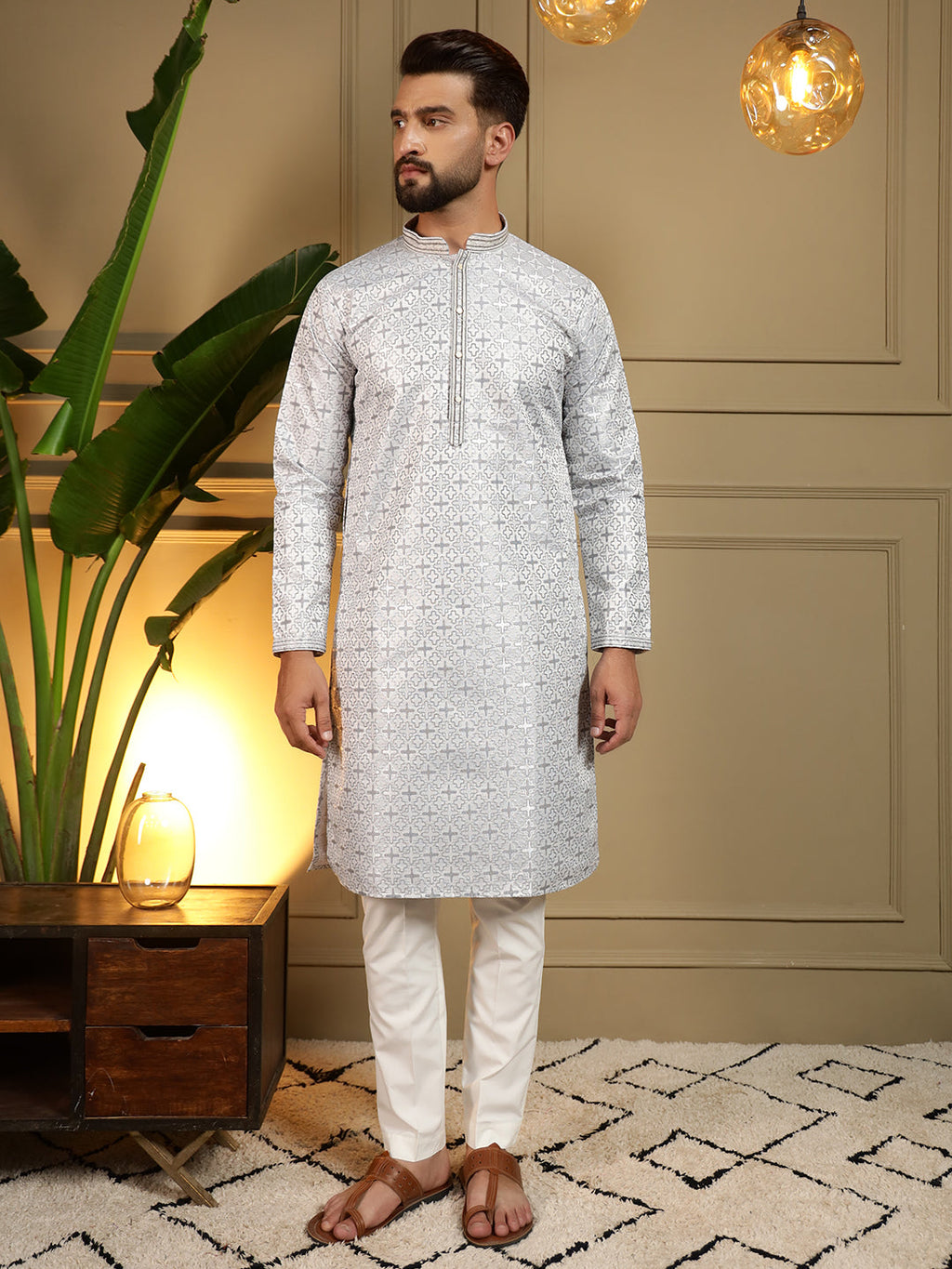 Jyoti Fashion Men's Blue Jacquard Woven Kurta with Pajama