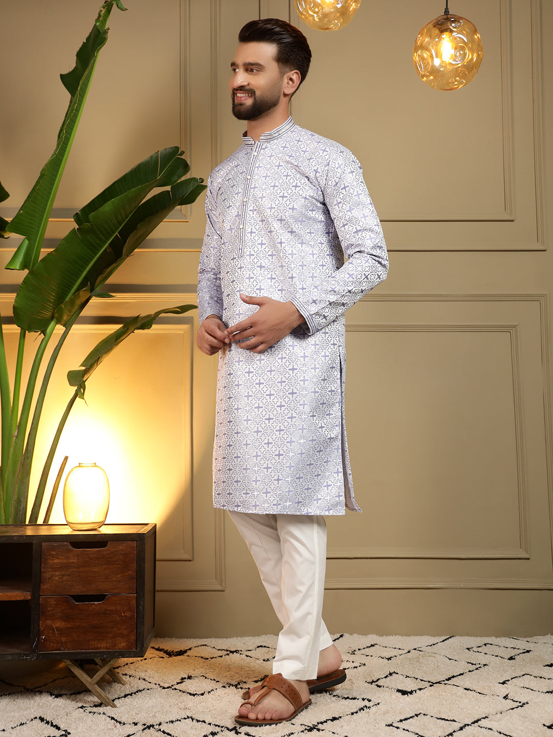 Jyoti Fashion Men's Grey Jacquard Woven Kurta with Pajama