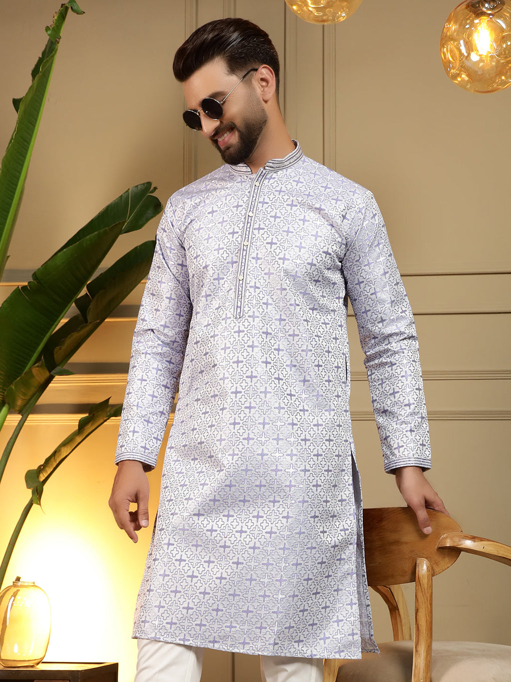 Jyoti Fashion Men's Grey Jacquard Woven Kurta with Pajama