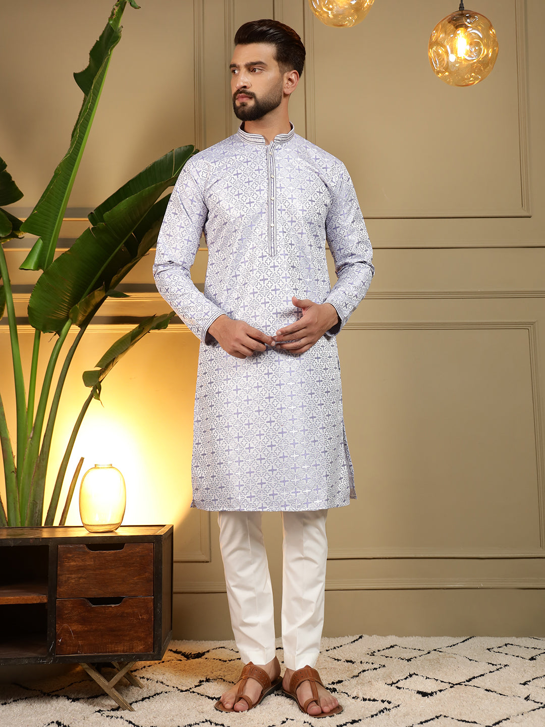 Jyoti Fashion Men's Grey Jacquard Woven Kurta with Pajama