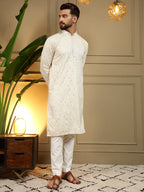 Jyoti Fashion Men's Off White Mirror Embroidery Kurta with Pajama