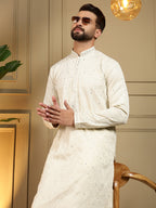 Jyoti Fashion Men's Off White Mirror Embroidery Kurta with Pajama