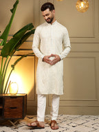 Jyoti Fashion Men's Off White Mirror Embroidery Kurta with Pajama