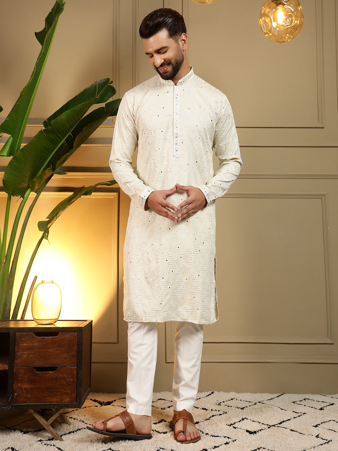 Jyoti Fashion Men's Off White Mirror Embroidery Kurta with Pajama