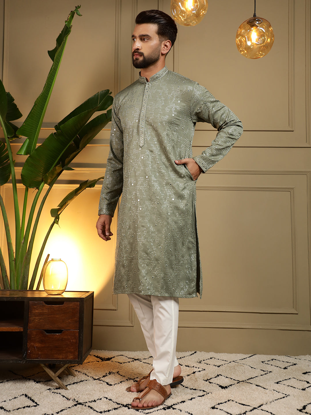 Jyoti Fashion Men's Green Mirror Embroidery Kurta with Pajama