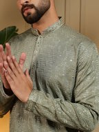 Jyoti Fashion Men's Green Mirror Embroidery Kurta with Pajama