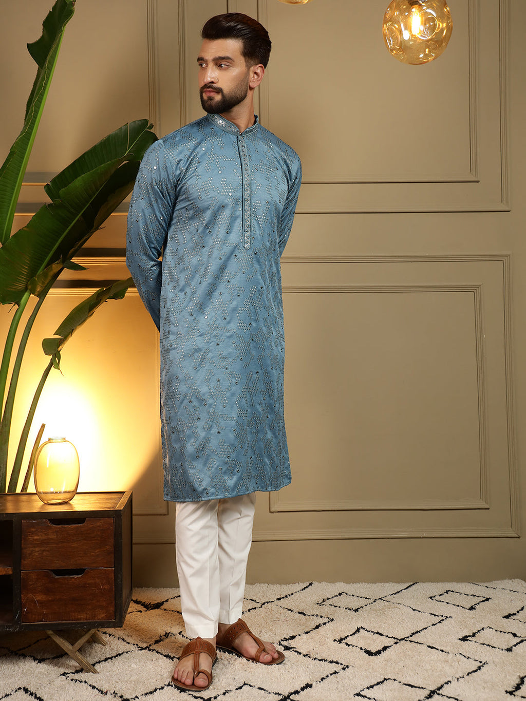 Jyoti Fashion Men's Firozi Mirror Embroidery Kurta with Pajama