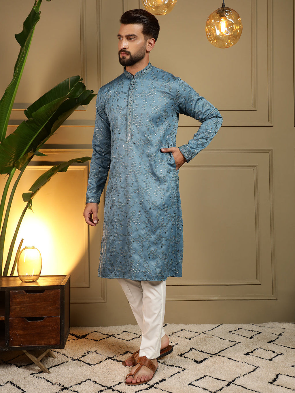 Jyoti Fashion Men's Firozi Mirror Embroidery Kurta with Pajama