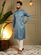 Jyoti Fashion Men's Firozi Mirror Embroidery Kurta with Pajama