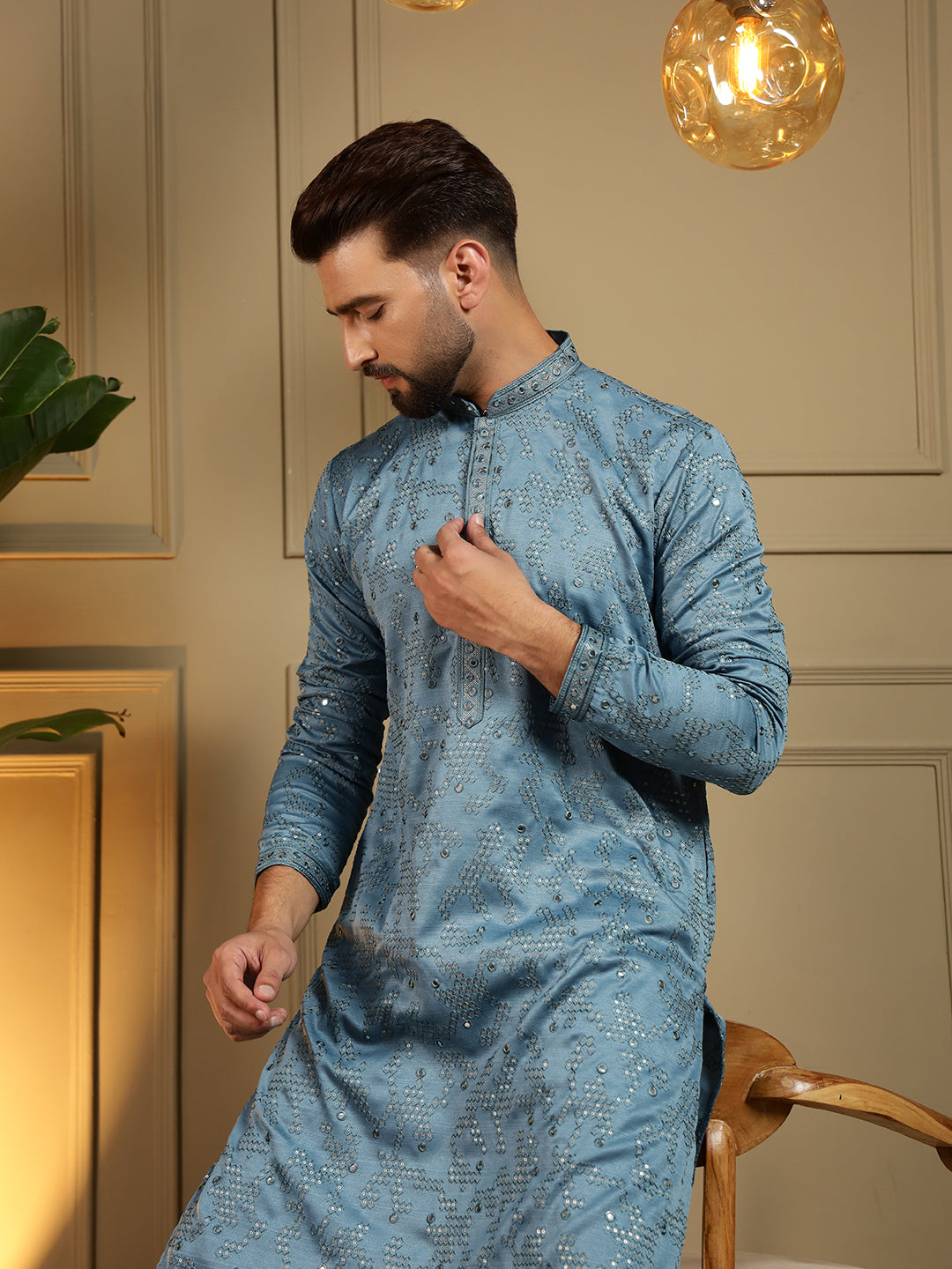 Jyoti Fashion Men's Firozi Mirror Embroidery Kurta with Pajama