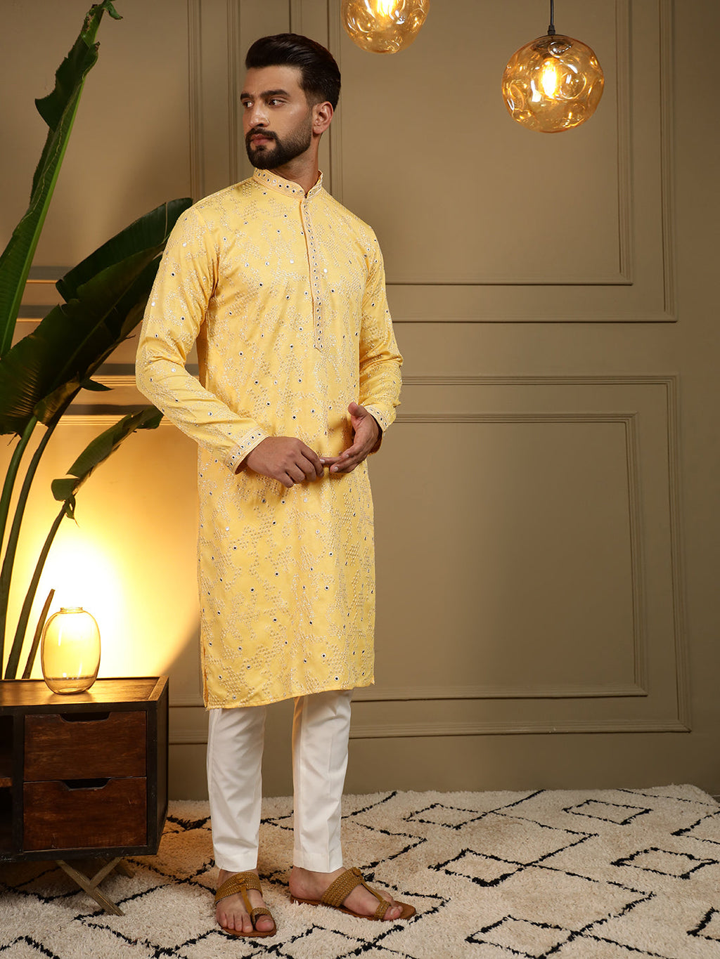 Jyoti Fashion Men's Yellow Mirror Embroidery Kurta with Pajama
