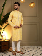 Jyoti Fashion Men's Yellow Mirror Embroidery Kurta with Pajama