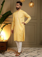 Jyoti Fashion Men's Yellow Mirror Embroidery Kurta with Pajama
