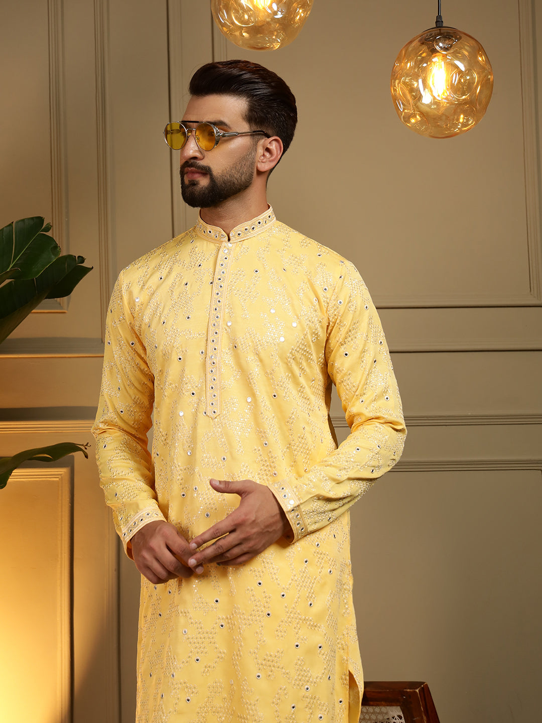 Jyoti Fashion Men's Yellow Mirror Embroidery Kurta with Pajama