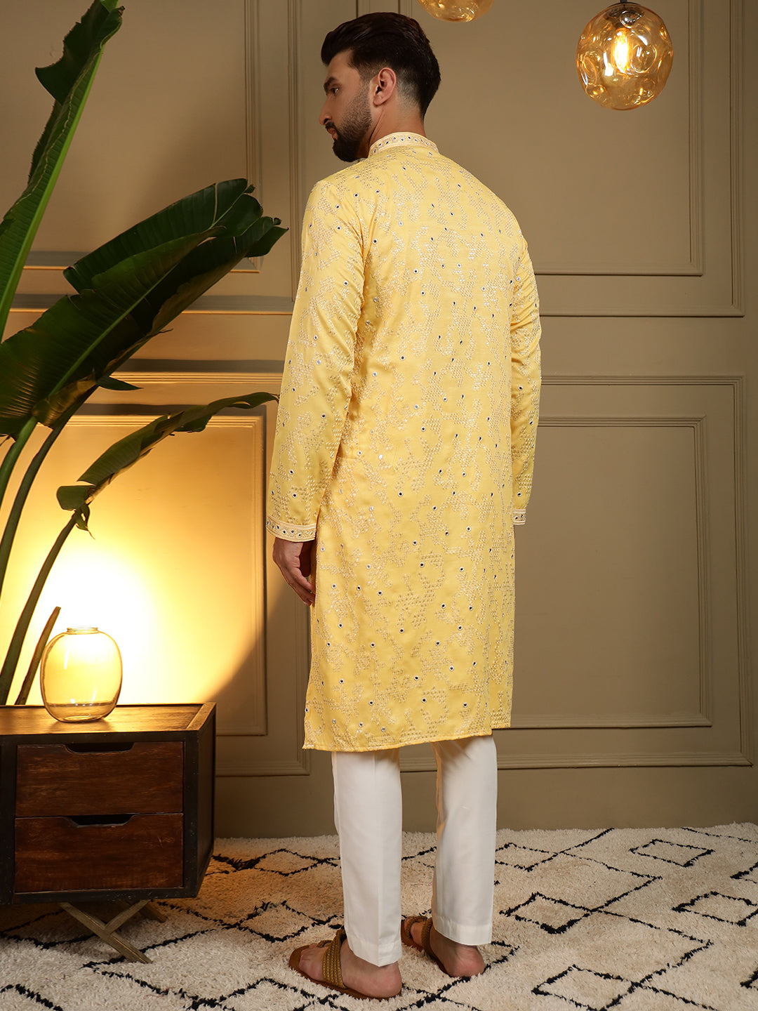 Jyoti Fashion Men's Yellow Mirror Embroidery Kurta with Pajama
