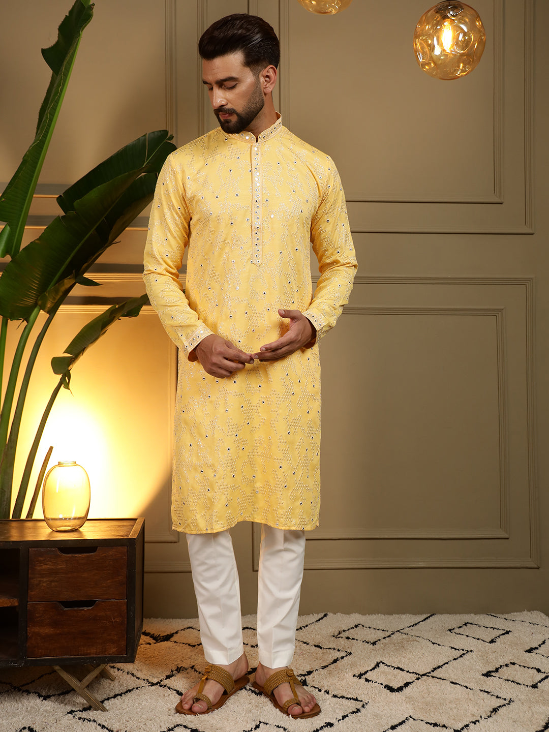 Jyoti Fashion Men's Yellow Mirror Embroidery Kurta with Pajama