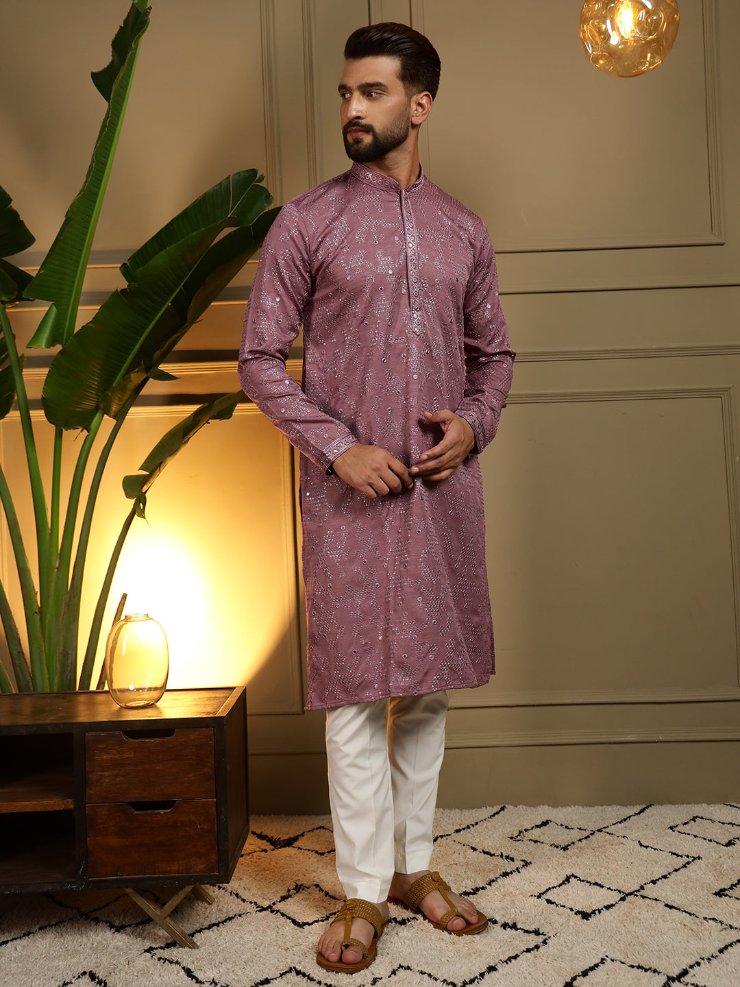 Jyoti Fashion Men's Wine Mirror Embroidery Kurta with Pajama